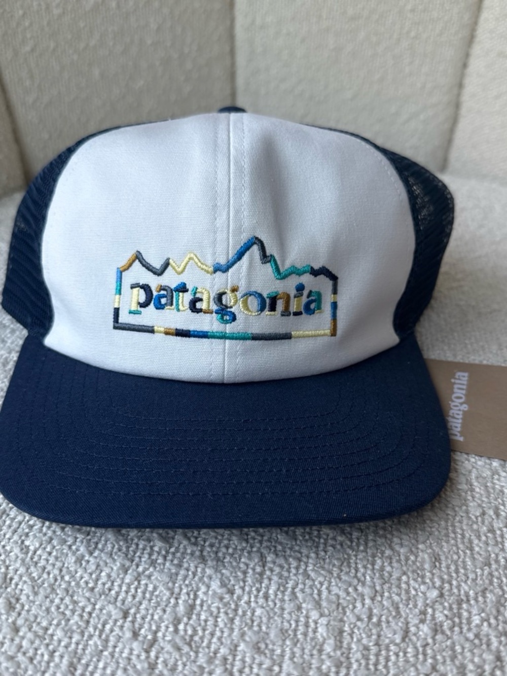 Patagonia White Front Navy Trucker Hat with Multicolor Logo